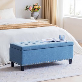 HUIMO 41-inch Storage Ottoman, Upholstered Fabric Storage Bench with Button-Tufted,Window Ottoman Bench for Bedroom, Entryway, Living Room, End of Bed Bench (Light Blue)