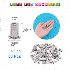 Glarks 50Pcs 1/4''-20UNC 304 Stainless Steel Rivet Nuts Flat Head Threaded Insert Nutserts Rivnuts Set