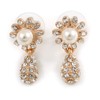Clear Diamante Simulated Pearl 'Flower' Drop Earrings In Gold Plating