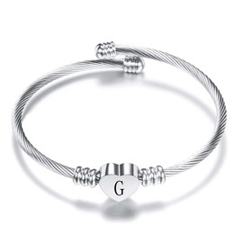 KunBead Jewelry Women Girls Sister Initial Letter G Cuff Bracelet Silver Alphabet Heart Bangle Bracelets Gift for Birthday