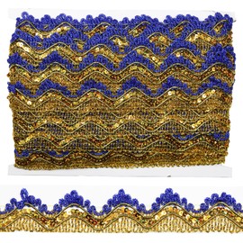 Tibaoffy Long 14 Yard Wide 35mm/1.37inch Blue Gold with Gold Sequins lace Trim Decorated Gimp Trim Craft Ribbon for DIY Craft Sewing Fabric, Crafts and Sewing（Blue Gold with Gold Sequins）