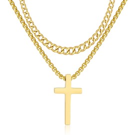 RWQIAN Cross Necklace For Men,Mens Cross Necklaces Gold Small Stainless Steel Layered Cuban Link Cross Chain For Men |18 Inch,Simple Religious Christian Cross Pendant Jewelry for Boys Gifts