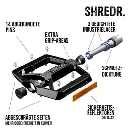 SHREDR. Shine Pedals for MTB | High Quality Flat Pedals for Mountain Bike | With Reflectors (StVZO Compliant) (Black, M)