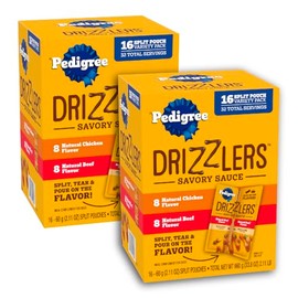 Pedigree Drizzlers for Dogs, Wet Dog Food Gravy Savory Sauce Multipack, 60g Dual-Serving Pouch, 16 Count, Pack of 2 (32 Pouches, 64 Servings Total)