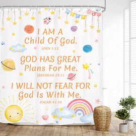 Glawry Kids Christian Shower Curtain Cartoon Planet Inspirational Quotes Bathroom Sun Moon Rainbow Motivational Scriptures 60Wx72L Inches Bath Accessories Art Home Decor Fabric 12 Pack Hooks
