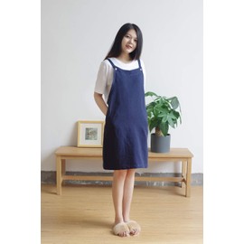 Adjustable Japanese Style Kitchen Apron Cotton Linen with 2 Pockets Pinafore Apron for Women Chef Waitress Hairdresser Fits for Grill, Lacquer and Cross Back H Shoulder Strap Navy Blue