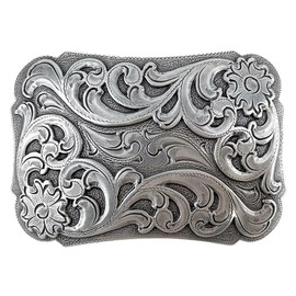 HA0038 Western Floral Scroll Engraved Belt Buckle Fits 1-1/2"(38mm) Belt (Antique Silver)