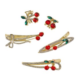 5PCS Gold Cherry Hair Clips for Women Girls, Rhinestone Duckbill & Claw Clips Set - Small Hair Barrettes for Fine Hair, Half Up Styles, Bangs, Side Hair (A)