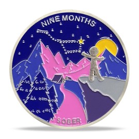 9 Month Sobriety Coin - AA Recovery Medallion with Night Sky and Mountain Design and Motivational Quote, Celebrate Sobriety Present for Men and Women, Inspirational AA Member Token