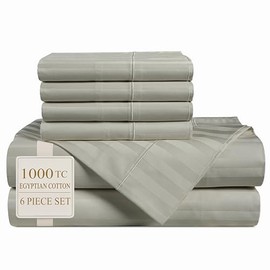 Casa Platino 100% Egyptian Cotton Sheets Queen Size Set - 6 Pieces - Damask Stripe - 1000 Thread Count - Ultra Smooth Sateen Weave Bed Sheets Set with 15" Deep Pockets - Silver