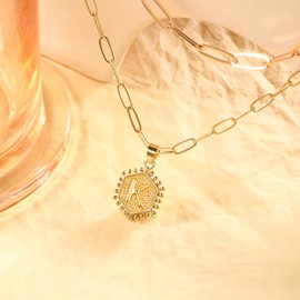 YV-cozx Dainty Gold Necklace for Women 18K Solid Gold Over Layering Necklaces for Women Cute Hexagon Letter Initial Necklaces for Women (K)