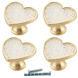YOUYOUULU 4Pcs Golden-Brass-Heart-Drawer-Knobs, White-Crystal-Cabinet-Knobs, Gold-Copper-Furniture-Cupboard-Dresser-Handles (White Crystal)