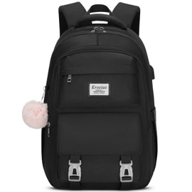 KROSIAS School Backpack for Girls Teens, Cute Aesthetic College Backpacks Large 15.6 Inch Laptop Bag Preppy Bookbag for Women Students Travel (Black)