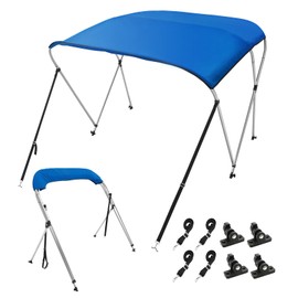 VEVOR 3 Bow Bimini Top Boat Cover, 900D Polyester Canopy with 1" Aluminum Alloy Frame, Waterproof and Sun Shade, Includes Storage Boot, 4 Straps, 2 Support Poles, 6'L x 46"H x 61"-66"W, Pacific Blue
