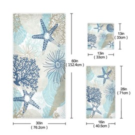 KENADVI Aqua Blue Nautical Bath Towels Set of 3 Soft Absorbent Coastal Beach Themed Coral Starfish Towel Set,1 Bath Towel,1 Hand Towel and 1 Washcloth,Decorative Bathroom Towels for Shower,Gym,Spa