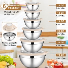 LIANYU Mixing Bowls with Visible Airtight Lids Set, 6Pcs Stainless Steel Kitchen Metal Nesting Bowls, Large Size 7, 3.5, 2.5, 2, 1.5, 1QT for Cooking, Baking, Serving, Dishwasher & Freezer Safe, Khaki