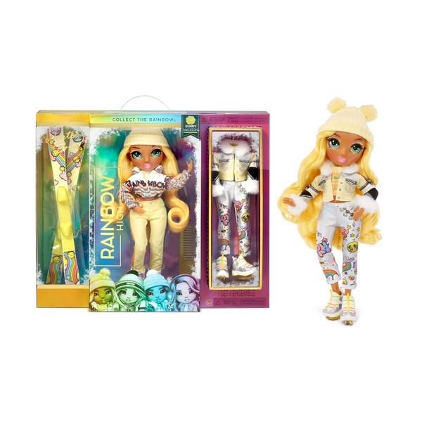 Rainbow High Winter Break Sunny Madison – Yellow Fashion Doll and Playset with 2 Designer Outfits, Pair of Skis & Accessories
