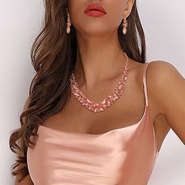 BriLove Wedding Bridal Jewelry Set for Women Rhinestone Crystal Marquise Cluster Collar Necklace Dangle Earrings Peach Morganite Color Rose-Gold-Toned
