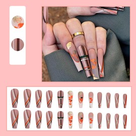 24 Pcs Coffin Press on Nails Long Fake Nails with Stripe Leaves Design Full Cover Reusable French False Nails Autumn Thanksgiving Stick on Nails Acrylic Glue on Nails Artificial Nails for Women Girls