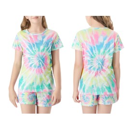 Topgal Little & Big Girls Tie Dye Rainbow Swirl Pajamas Tee & Shorts 2-Piece Sleepwear Set Cute Jammies Size 12