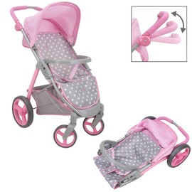 509 Crew: Cotton Candy Pink: Doll Travel System - Pink, Grey, Polka Dot -for Dolls Up to 18", Foldable, Retractable Canopy, Kids Pretend Play, Ages 3+