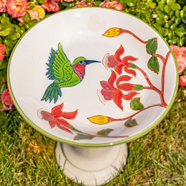 Zaer Ltd. Porcelain Birdbath with Hand Painted Details (15" Tall, Hummingbird & Wildflower)