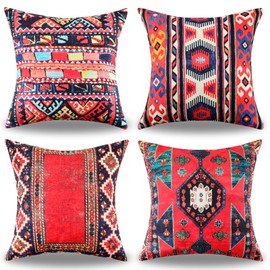 Bohemia Decorative Pillows Red Cushion Covers Turkish Geometric Tapestry Pattern Abstract Decorative Ethnic Pillowcase Linen Square Pillow Covers For Livingroom Sofa Bedroom Decor