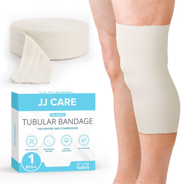JJ CARE Tubular Bandage, 3” x 12 Yards Stockinette Tubing for Legs and Knees, Size D Reusable Elastic Bandage Sleeve, Tubular Compression Bandage Roll for Ankles and Elbows, Rubber Latex w/Cotton