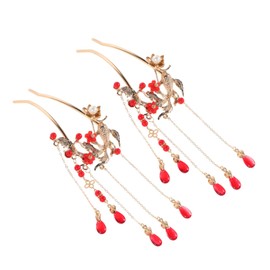 Generic Fade Resistant Chinese Hair Pins with Fish Design Red Tassel Hair Accessories for Women Traditional Hanfu Wedding Stick Pins Elegant