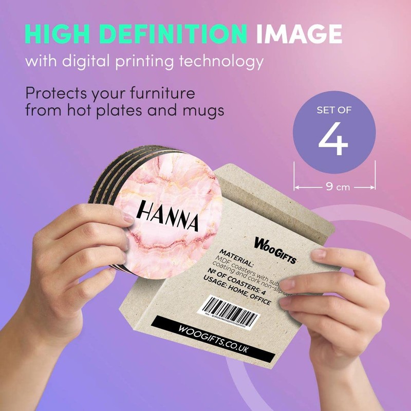 4 x Boxed Round Coasters - Name Hanna Marble Stone