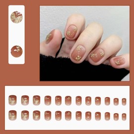 YoYoee Short Square Press on Nails Glitter Butterfly False Nails Galaxy Nails Tips Full Cover Nude Fake Nails for Women and Girls 24PCS