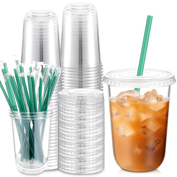 Baderke 50 Sets Clear Plastic Cups with Lids and Straws
