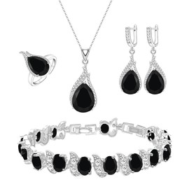 LMXXVJ Black Cubic Zirconia Jewelry Set for Women,Platinum Plated Necklace Ring Earrings Bracelet Costume Black Stone Mother's Day Christmas Jewelry Set Gift,Silver-Tone