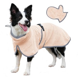 JoyDaog Dog Bathrobe with Bathing Glove for Quick Drying Coats,Doggie Robes with Adjustable Waist Straps for Medium Dogs Easily Absorbantt Towels Wrap,Beige XL