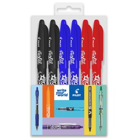 Pilot Frixion Heat/Friction Erasable Rollerball Pen FR7 - Medium Line 0.7mm Tip Nib - Wallet Pack of 6 - Black, Blue, Red