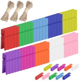 100PCS Colourful Mini Wooden Pegs 3.5CM Photo Display Clips, Small Photo Pegs Wooden Pegs for Pictures Cards Notes Hanging, Arts and DIY Crafts, Home/Party Decorations (30M Jute String Included)