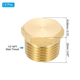 PATIKIL 1/2" NPT Male Brass Pipe Plug Fitting, 5Pcs Outer Hex Thread Socket Plug Ends Sealing Tubing Fitting for Refrigeration, Water, Air, Oil, Gas Line