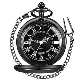 Alwesam Black Smooth Pocket Watch Quartz Round Roman Numbers with 37cm Chain Best Gifts for Men Women