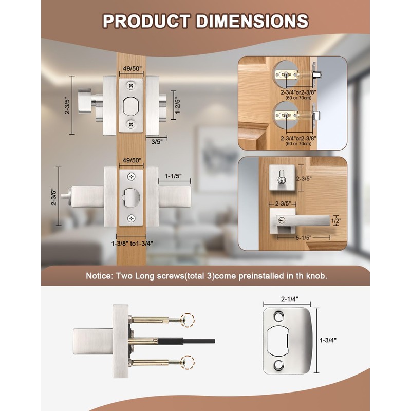 KNOBWELL 3 Pack Keyed Alike Nickel Front Door Handle and