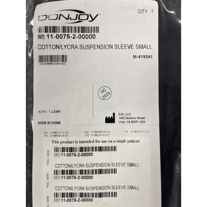DonJoy Cotton/Lycra Suspension Sleeve for Knee Braces Black Small NEW