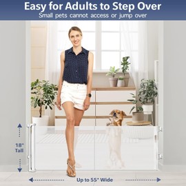 Reinforced 18" Tall Retractable Gate Step Over Dog Gate, 55" Wide Mesh Gate Short Pet Gate Indoor/Outdoor Retractable Dog Gate, Small Gates for Pets Puppy Gates for The House - No Bottom Squeeze/White