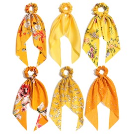 Bow Scrunchies for Women – Yellow Hair Scarf Scrunchy & Ribbon Hair Ties | Elegant Scrunchie with Bow | Soft Hair Ribbons (6-Pack, Assorted Colors) (Yellow Pack)