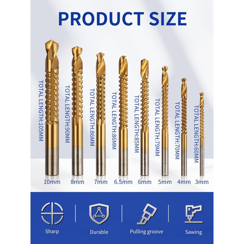 Rocaris 8 Pack Titanium Coated HSS Twist Drill Bits, 3-10mm
