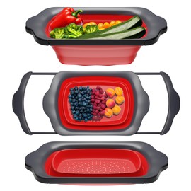 Comfify XL Large Kitchen Strainer - Collapsible Silicone Over-The-Sink Colander with Extendable Handles - Use with Pasta, Fruit, Berries & Veggie - 6 Quart - Red