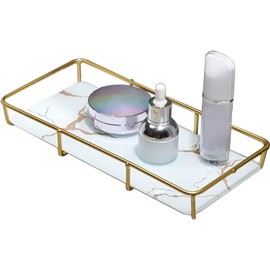 Bandeja de Tocador de Baño, Almacenamiento de Cosméticos Bandeja con Marco Decorativa para Joyería, Organizador de Encimera Antideslizante para Dormitorio, Tocador, Mesita de Noche(11x5.5x2 in-Blanco)