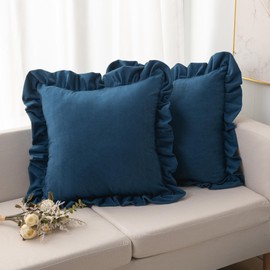 JIUZHEN Throw Pillow Covers with Ruffles, Soft Solid Decorative Velvet Pillow Covers for Couch Sofa Bed, Home Decor Cushion Case for Living Room and Bedroom, Pack of 2, 20 x 20 Inches, Navy