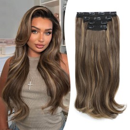 Ms Taj Brown Hair Extensions Upgrade Thinner Softer Invisible Lace Weft Thick Layered Hair Extension Clip in Light Brown Mixed Blonde 20Inch 4PCS Lightweight Wavy Hairpieces Full Head for Women