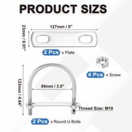 PATIKIL Round U-Bolts, 2 Pcs 3.5"(89mm) Inner Width 123mm Length M10 with Nut Plate Washer 304 Stainless Steel Round Bend U-Bolts for Boat Trailer Axle Sailboat