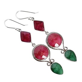 Ruby And Emerald Drop Dangle 925 Sterling Silver Earrings Designer Valentine's Day Gift