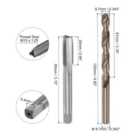 sourcing map Tip & Bit Sets, M10 x 1.25 H2 Straight Flute Machine Tap, 8.7 mm M35 Cobalt High Speed Steel (HSS-CO) Twist Drill